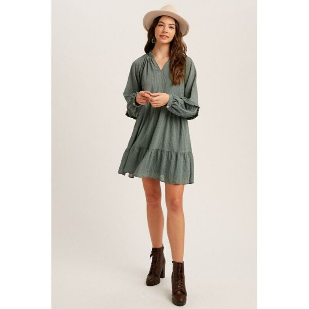 sale! Listicle Plaid Textured V-neck Accent Babydoll Dress Sage Green S-L LD0933 - Picture 7 of 7